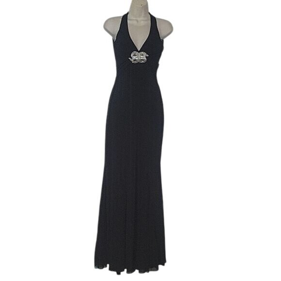 Black Halter Evening Gown With Rhinestone Embellishment & Flowing Sheer‎ Layers - Picture 2 of 9